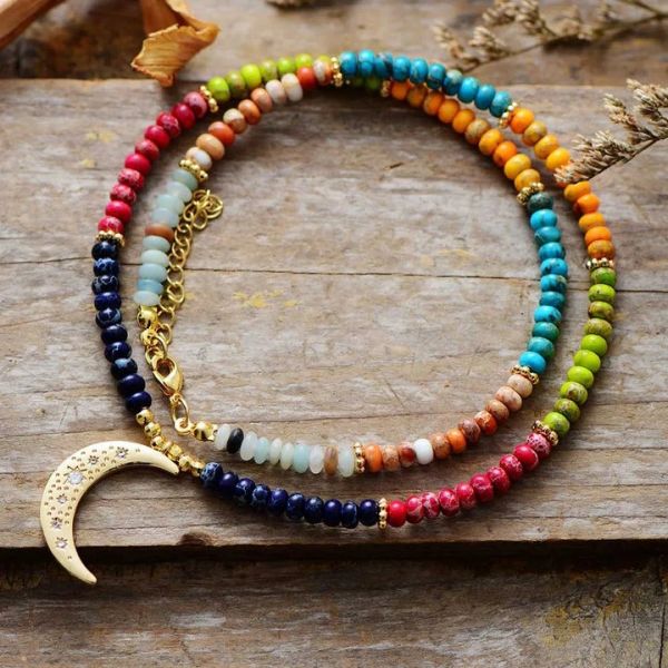 7 Chakra Moon Necklace | Colorful Healing Crystal Beaded Necklace