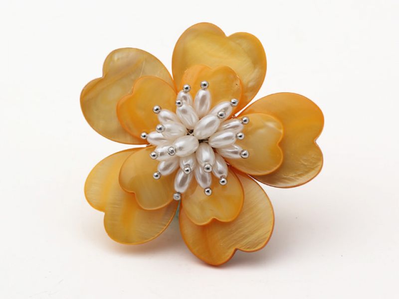 Yellow Shell and White Freshwater Pearl Flower Brooch