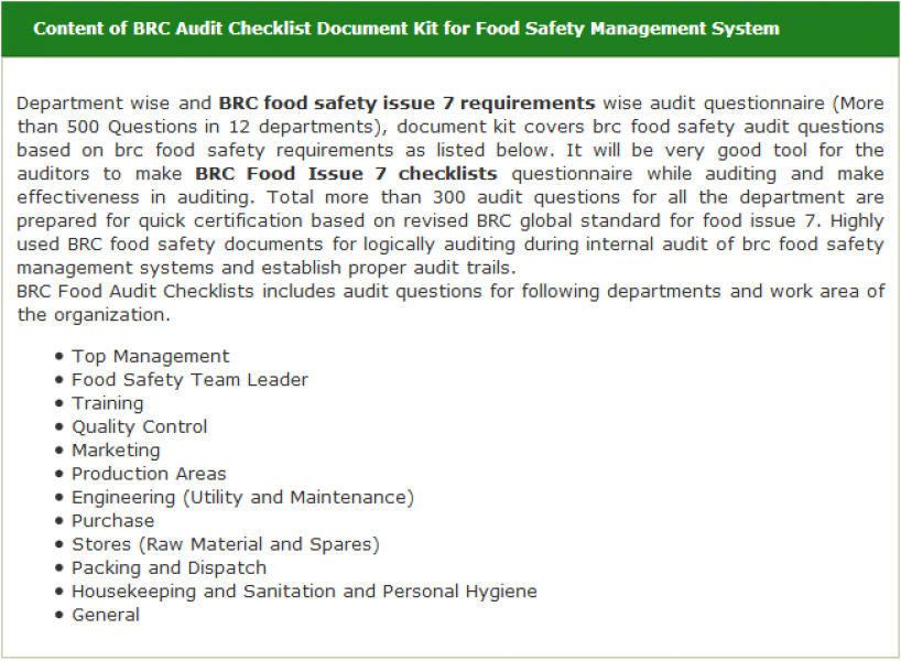 BRC Food issue 7 Certification Audit Checklist